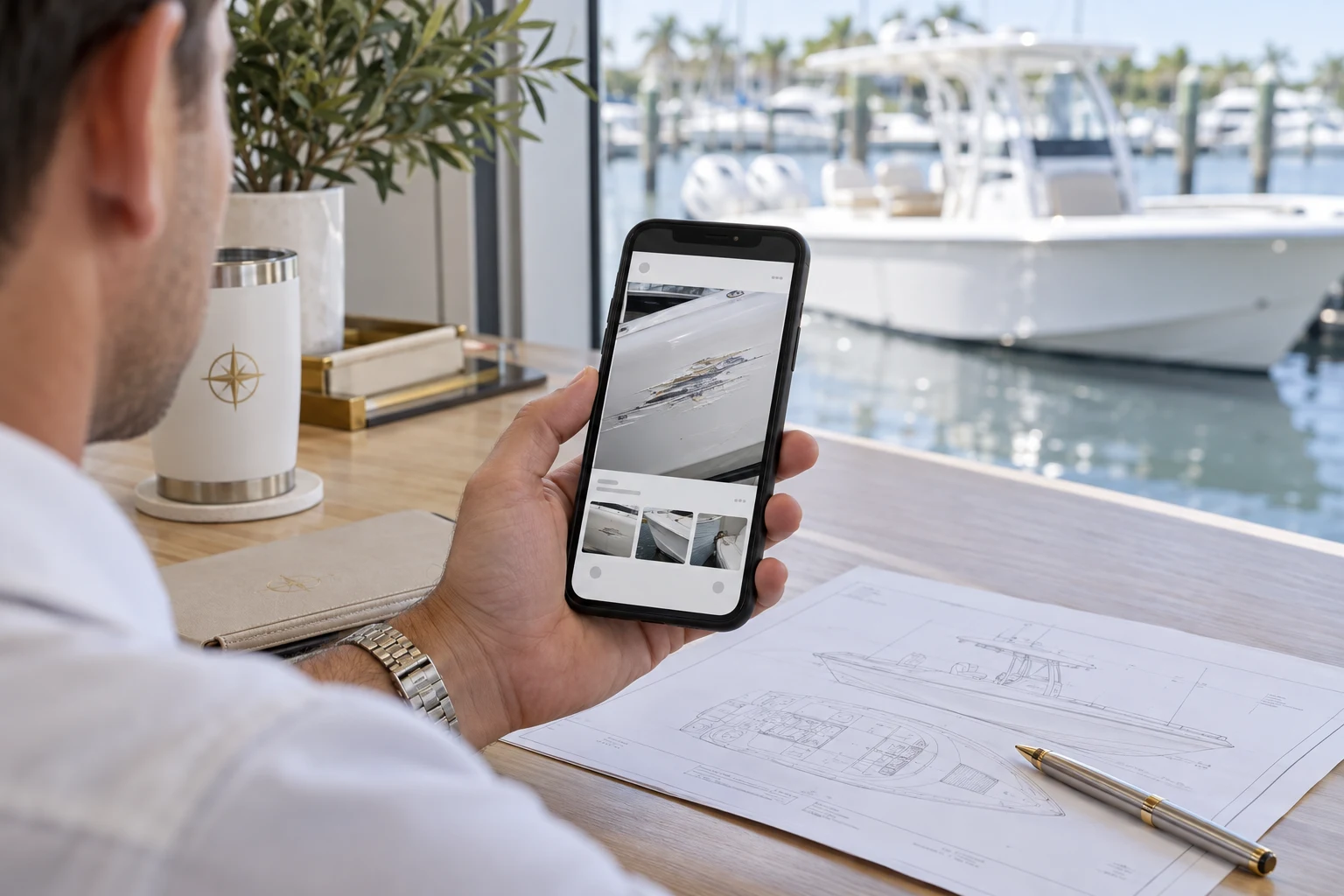 A marine professional reviewing boat-damage photos on a phone at a marina desk