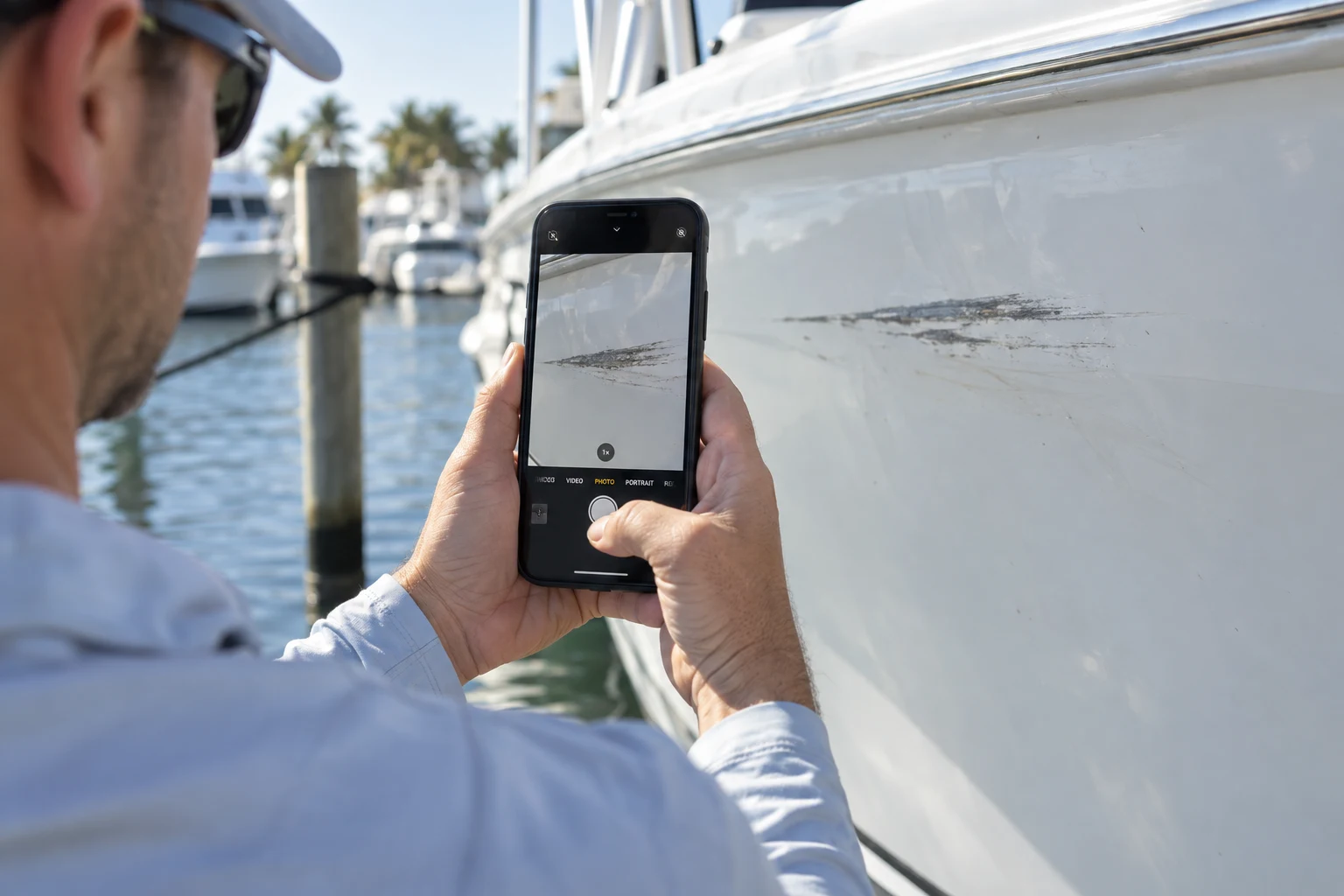 A hand holding a smartphone to document a scrape on a white boat hull