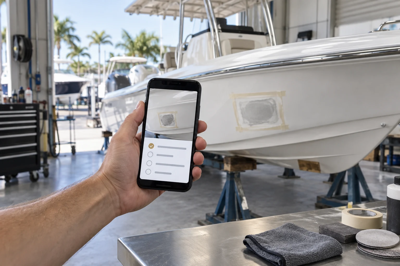 A technician using a phone beside a white center-console boat in a marine repair shop