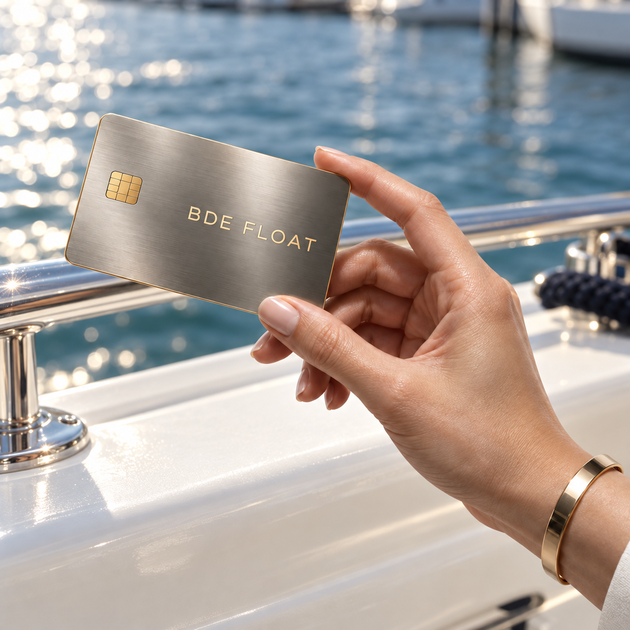 Hand holding a platinum BDE FLOAT concept card above a white boat ledge beside sunlit marina water